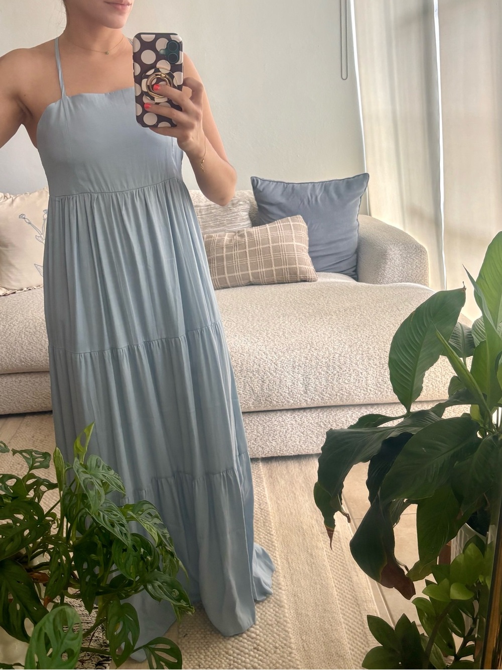 Sleeveless Light Blue Tiered Maxi Dress with Spaghetti Straps